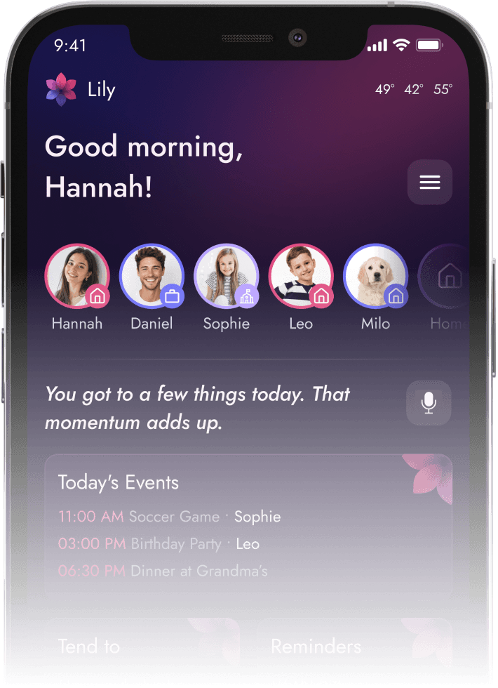 Lily dashboard on iPhone showing family greeting and today's events